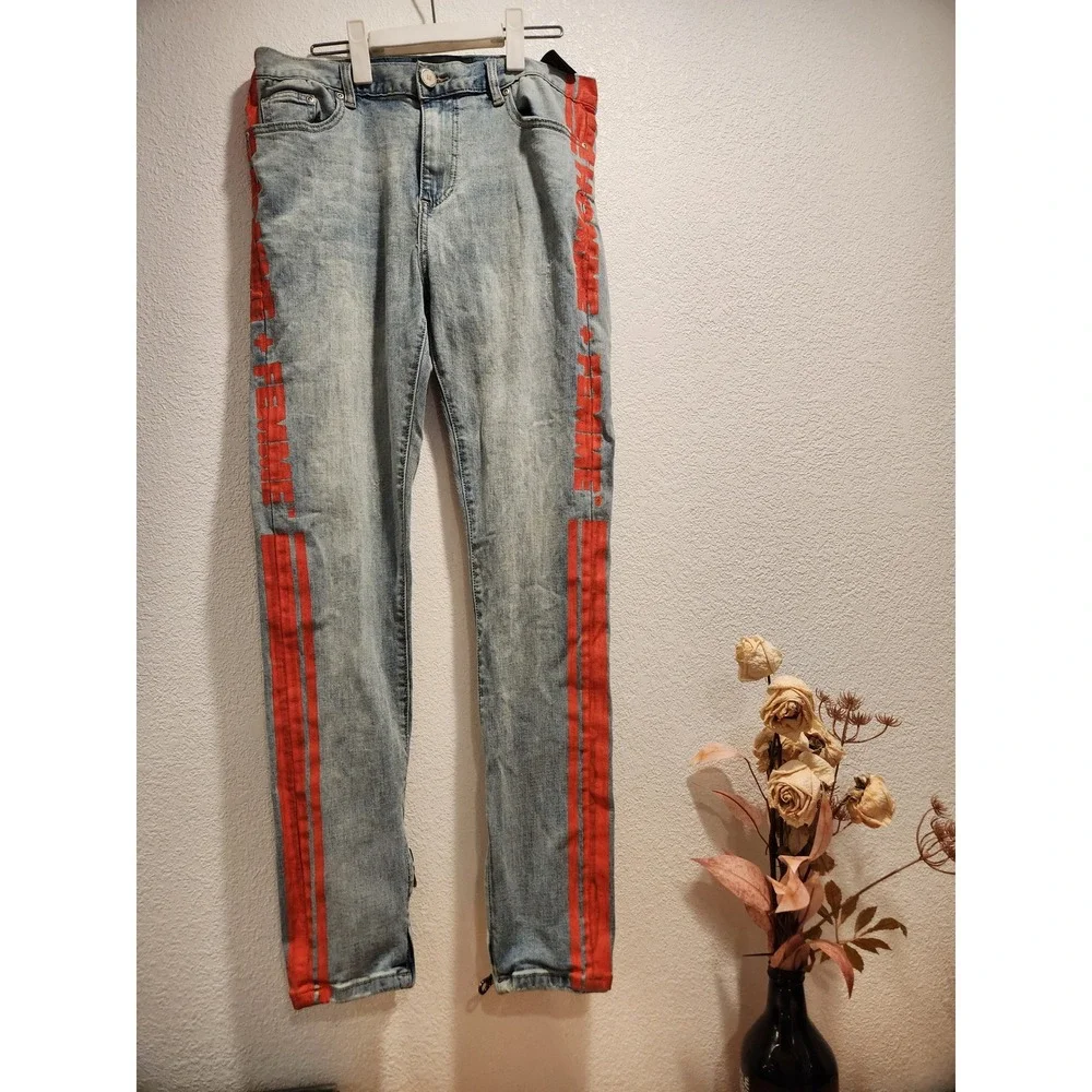 HOMME + FEMME Red Stripe Jeans Size 32 Logo Denim‎ Ankle Zip Distressed YKK